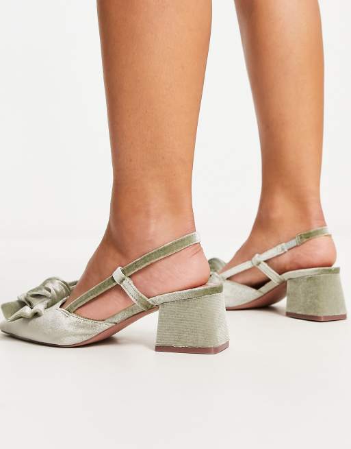 ASOS DESIGN Wide Fit Saidi bow slingback mid heeled shoes in sage velvet