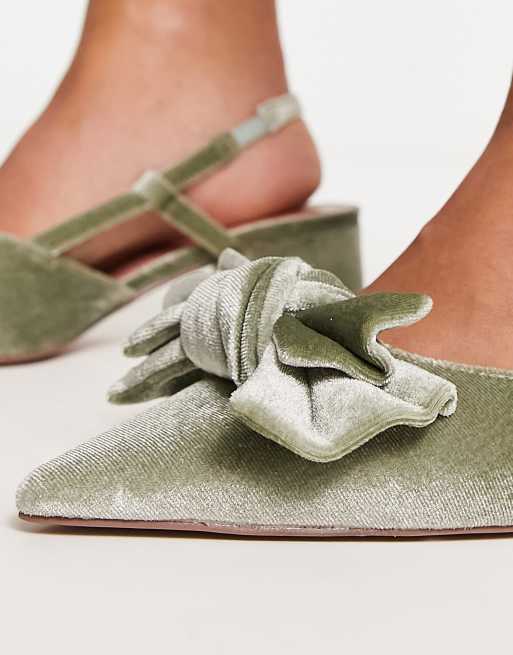 ASOS DESIGN Wide Fit Saidi bow slingback mid heeled shoes in sage velvet