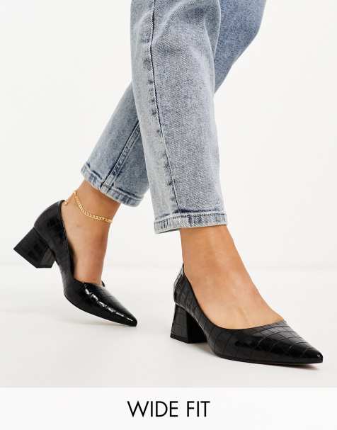 ASOS DESIGN Wide Fit Sydney slingback mid block heeled shoes in black