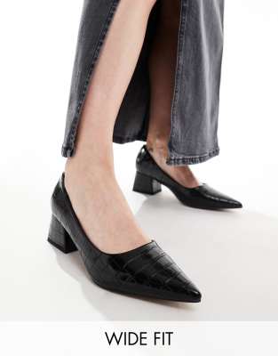 Wide Fit Saint block mid heeled shoes in black