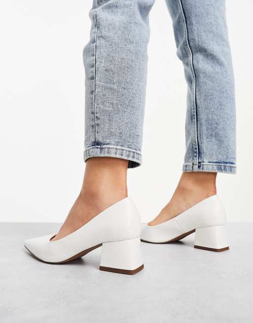 ASOS DESIGN Wide Fit Saint block mid heeled shoes in off white croc