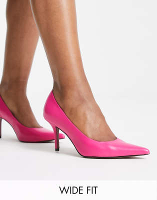 Asos Design Wide Fit Salary Mid Heeled Pumps In Pink