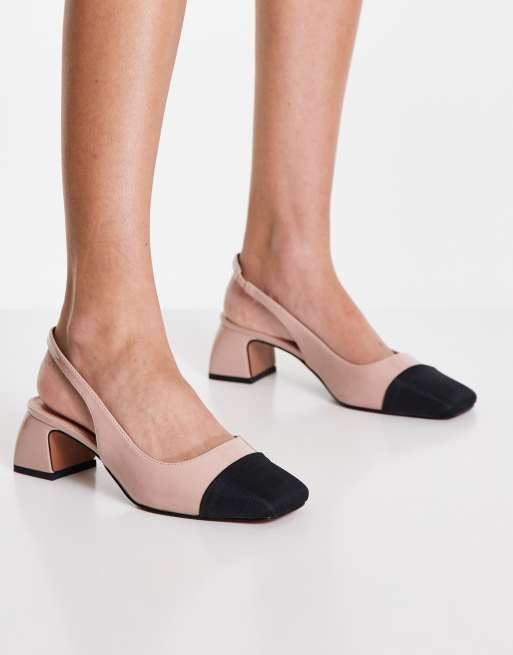 Cap Toe Chunky Heeled Slingback Pumps