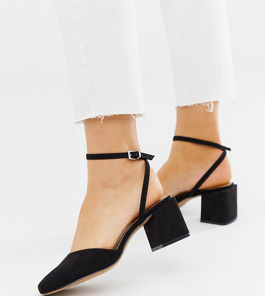 ASOS DESIGN Wide Fit Salvation square toe block heeled mid shoes in black