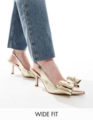 ASOS DESIGN Wide Fit Sapphire bow detail mid heeled shoes in gold