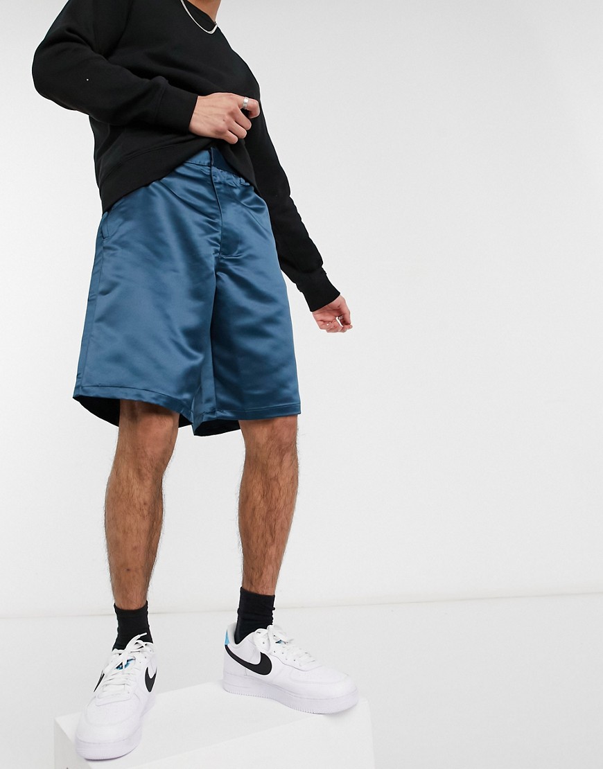 ASOS DESIGN wide fit satin shorts in blue-Blues
