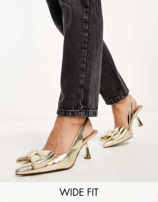 Asos Design Scarlett Bow Detail Mid Heeled Shoes In Gold