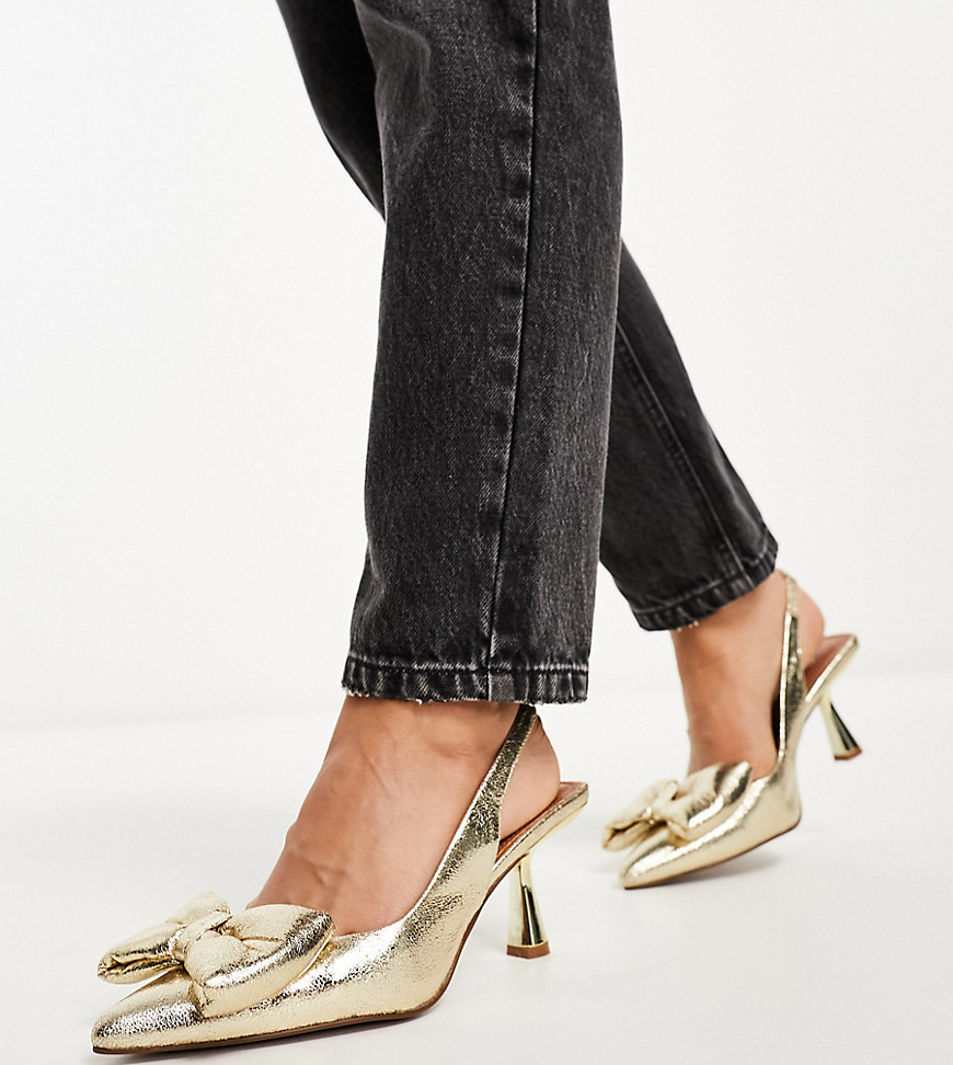ASOS DESIGN Wide Fit Scarlett bow detail mid heeled shoes in gold