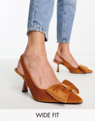Asos Design Wide Fit Scarlett Bow Detail Mid Heeled Shoes In Mustard-yellow