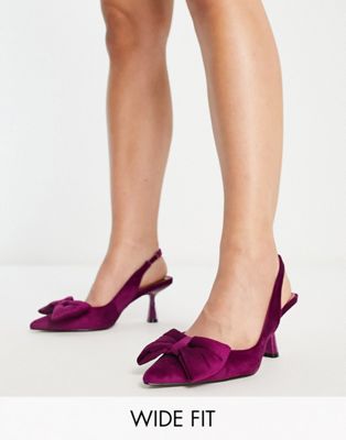 Asos Design Scarlett Bow Detail Mid Heeled Shoes In Magenta Velvet-pink