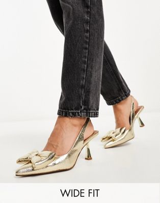 ASOS DESIGN Wide Fit Scarlett bow detail mid heeled shoes in gold - ASOS Price Checker