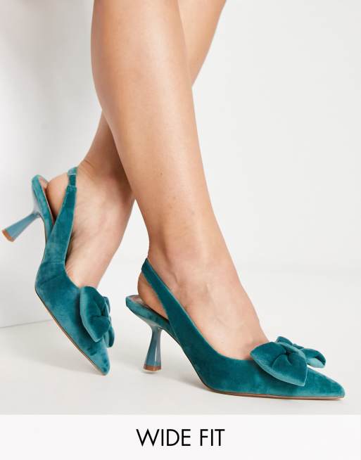 ASOS DESIGN Wide Fit – Scarlett – Niebieskie buty na średnim obcasie z ozdobną kokardą