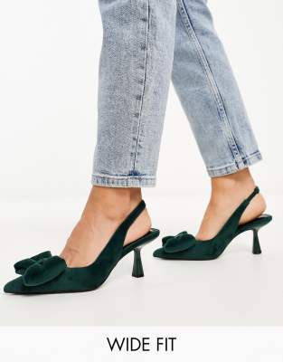 ASOS DESIGN Wide Fit - Scarlett - Schuhe in Grün mit mittelhohem Absatz und Schleifendetail, weite Passform