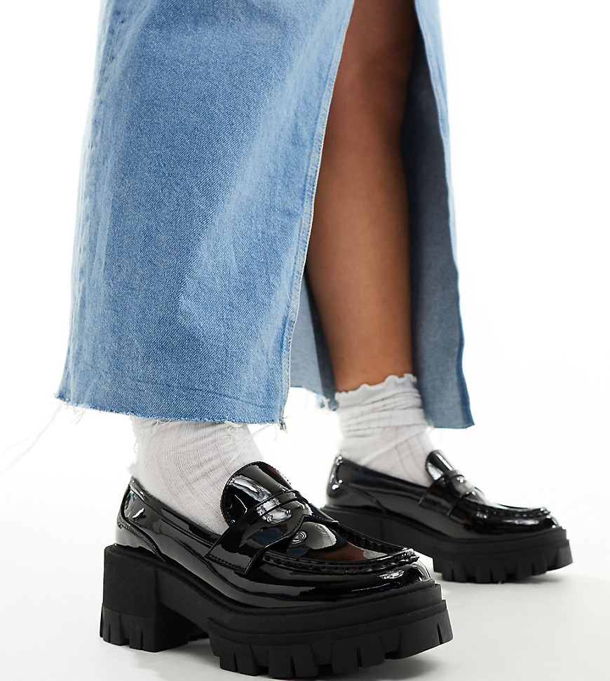 Asos Design Wide Fit Script Chunky Mid Heel Loafers In Black Patent