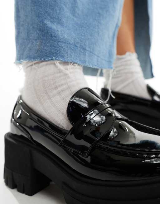 ASOS DESIGN Wide Fit Script chunky mid heel loafers in black patent