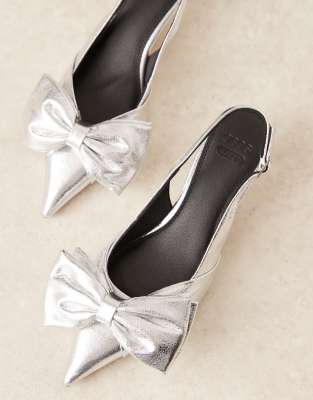 ASOS DESIGN Wide Fit Secret bow slingback kitten heeled shoes in silver