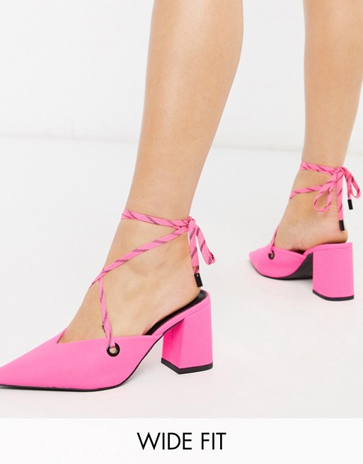 ASOS DESIGN Wide Fit Seeker tie leg mid-heels in neon pink