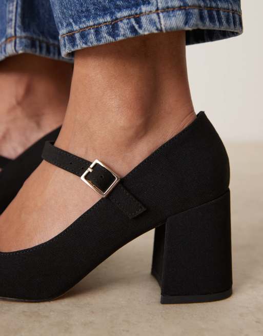 ASOS DESIGN Wide Fit Selene mary jane mid block heeled shoes in black