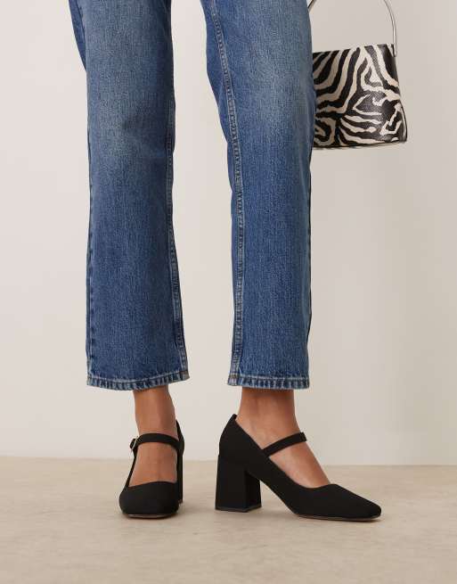 ASOS DESIGN Wide Fit Selene Mary jane mid block heeled shoes in black
