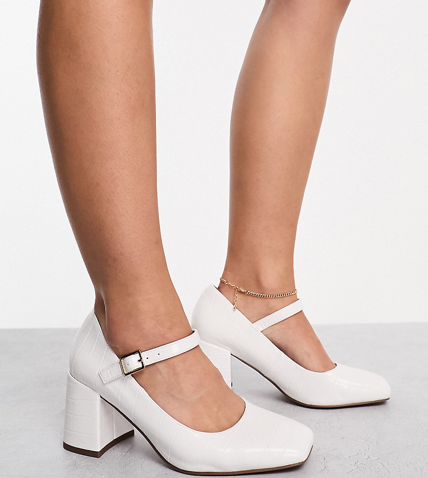 ASOS DESIGN Wide Fit Selene mary jane mid block heeled shoes in white croc