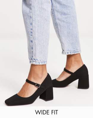 ASOS DESIGN Wide Fit - Selene - Mary-Jane-Schuhe in Schwarz mit mittelhohem Blockabsatz, weite Passform