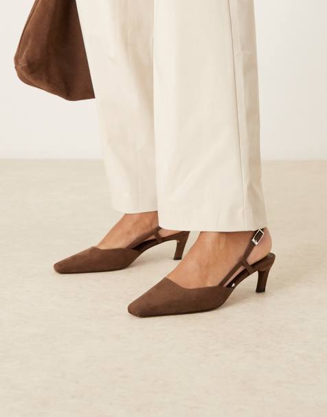 ASOS DESIGN Wide Fit Shadow chisel toe slingback mid heel shoe in chocolate suedette - view 1