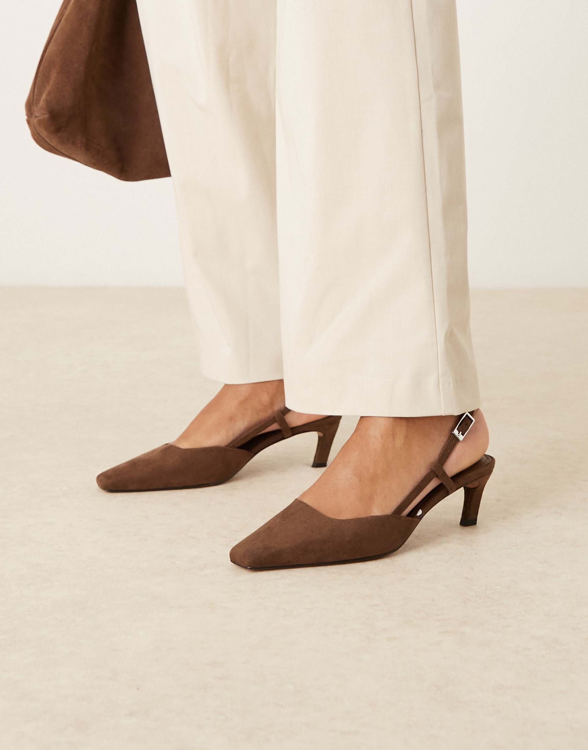 asos design wide fit shadow chisel toe slingback mid heel shoes in chocolate suedette