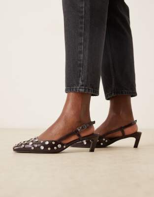 Asos Design Wide Fit Shadow Embellished Chisel Toe Slingback Mid Heel Shoes In Brown