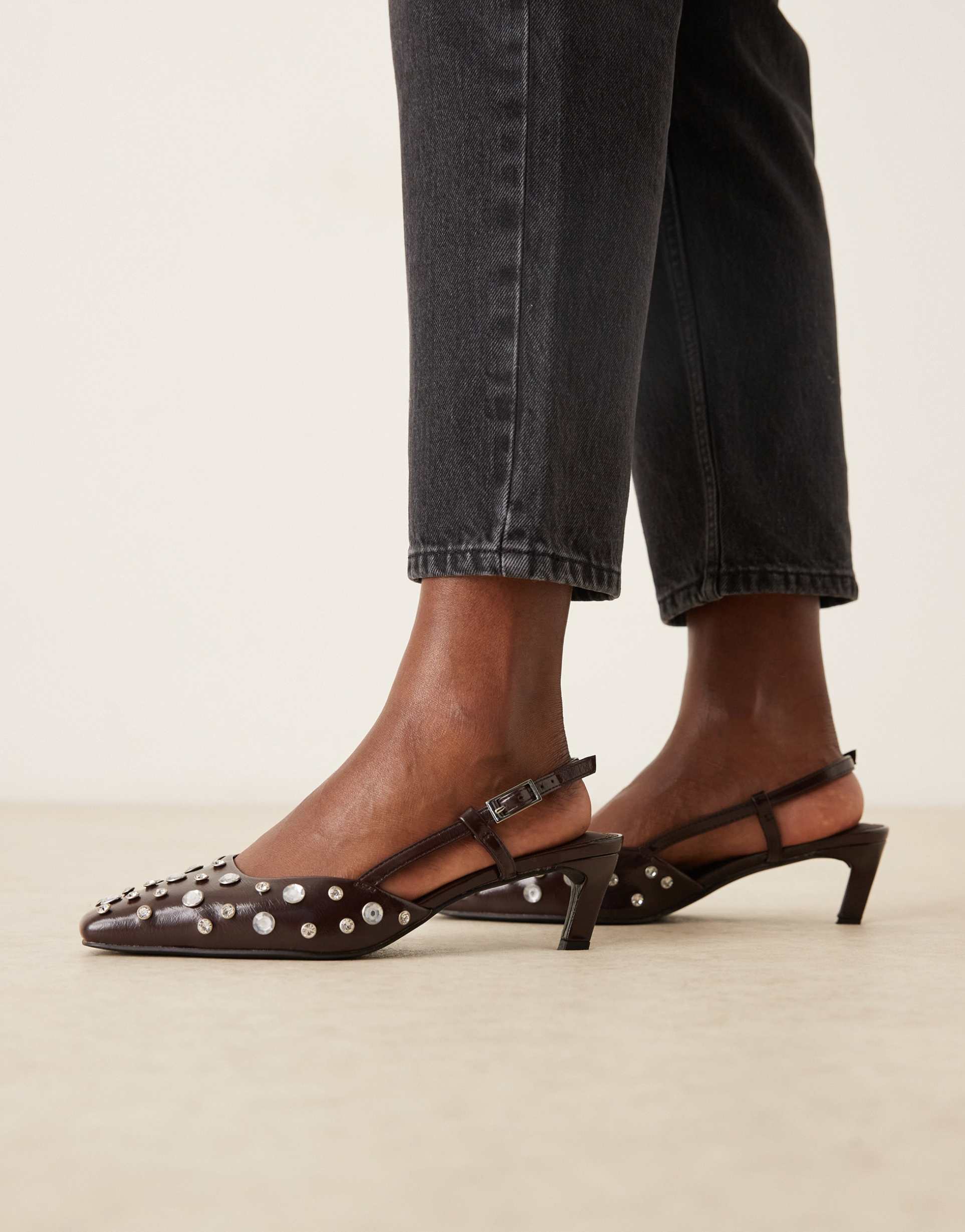 asos design wide fit shadow embellished chisel toe slingback mid heel shoes in chocolate