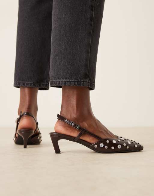 ASOS DESIGN Wide Fit Shadow embellished chisel toe slingback mid heel shoes in chocolate, 2 of 4