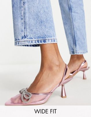 ASOS DESIGN Wide Fit Shadow embellished slingback mid heeled shoes in pink