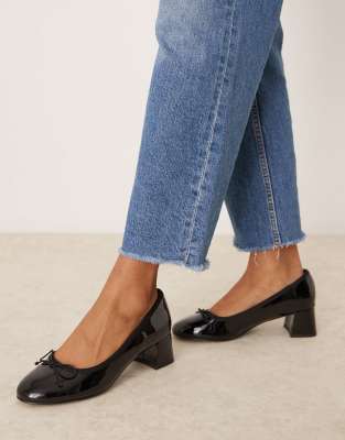 Asos Design Wide Fit Shelley Bow Detail Mid Block Heel Shoes In Black