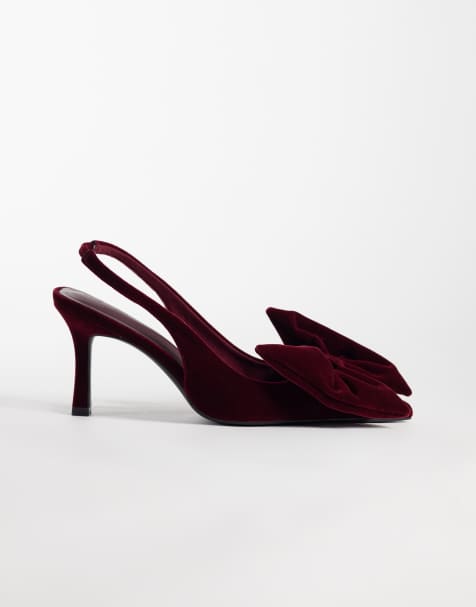 ASOS DESIGN Wide Fit Shine slingback bow detail mid heel shoes in berry velvet - view 1