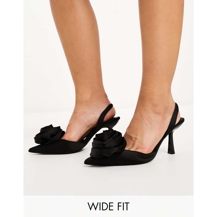 ASOS DESIGN Wide Fit Sia corsage slingback mid heeled shoes in black