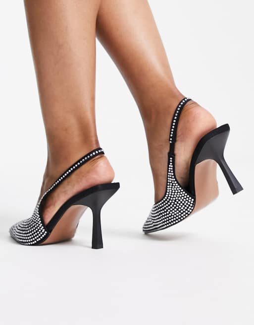 ASOS DESIGN Wide Fit Simba embellished slingback stiletto heeled shoes in black, 2 of 4