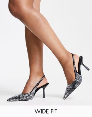 ASOS DESIGN Wide Fit Simba embellished slingback stiletto heeled shoes in black