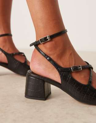 Asos Design Wide Fit Simone Buckle Strap Detail Mid Block Heel Shoes In Black