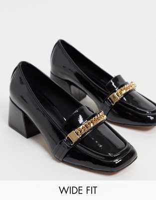 ASOS DESIGN wide fit sinclair square toe loafers in black patent