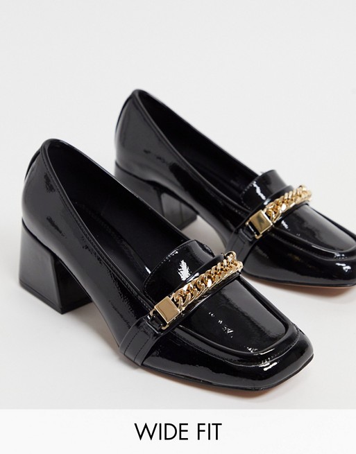 ASOS DESIGN Wide Fit Sinclair square toe loafers in black patent