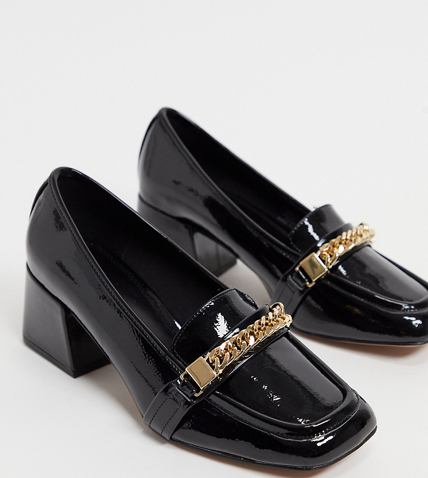 ASOS DESIGN Wide Fit Sinclair square toe loafers in black patent