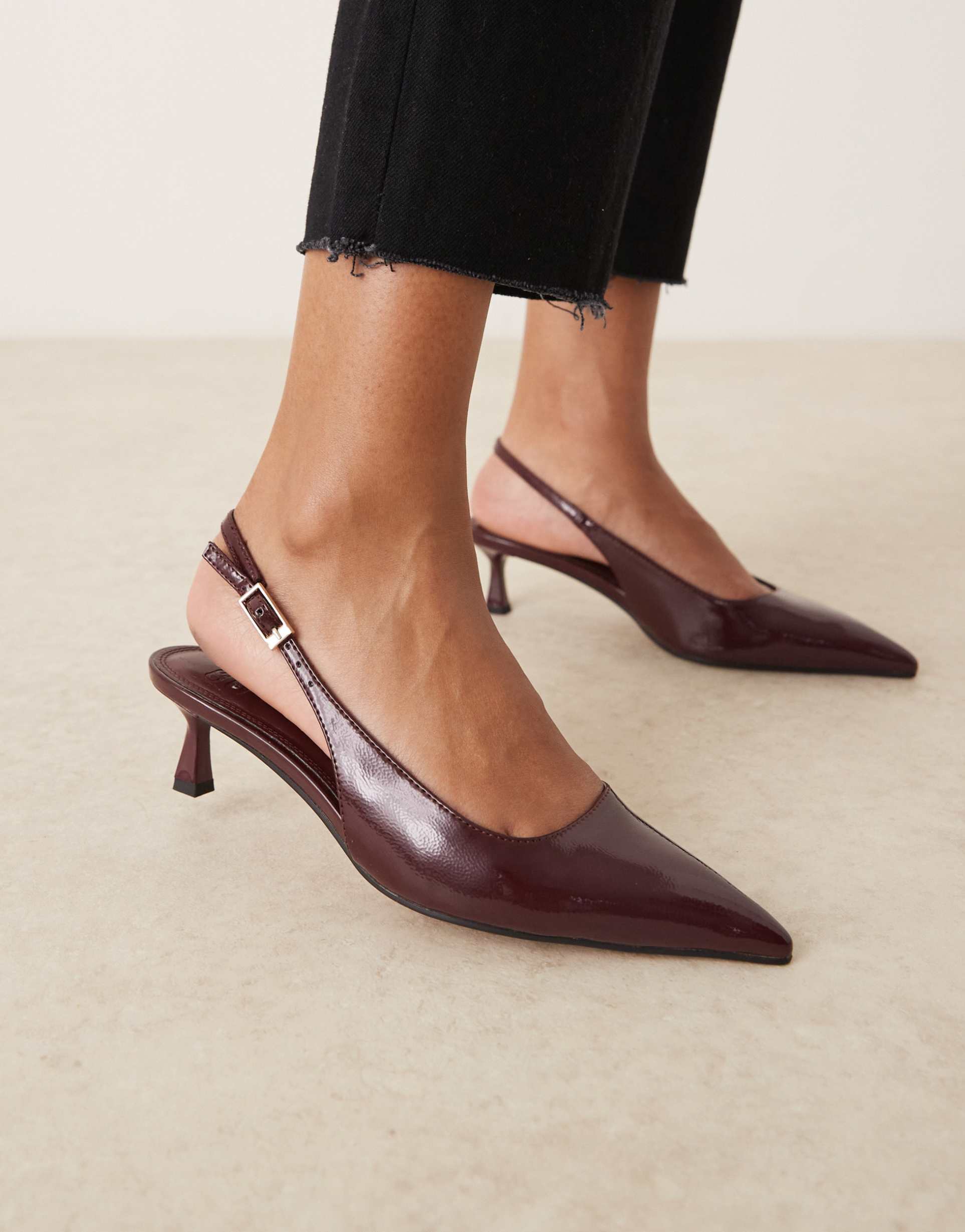 asos design wide fit skip slingback kitten heel shoes in burgundy patent