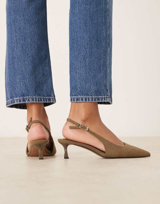 ASOS DESIGN Wide Fit Skip slingback kitten heel shoes in olive suedette