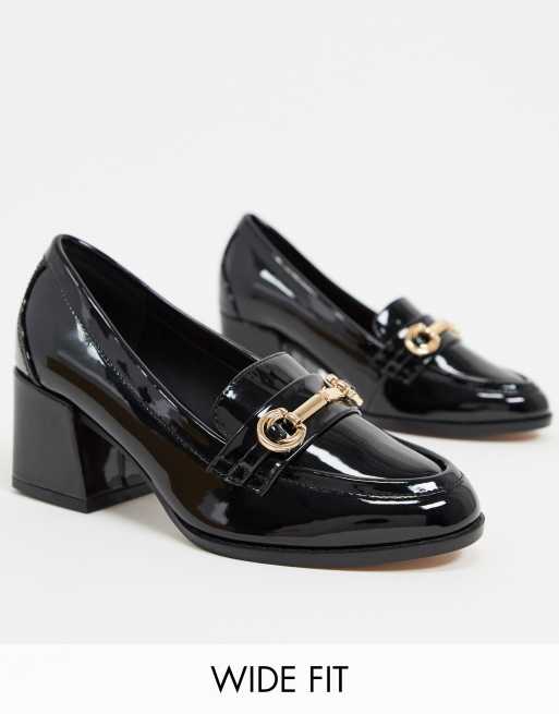 asos design storm chunky mid heeled loafers in black patent