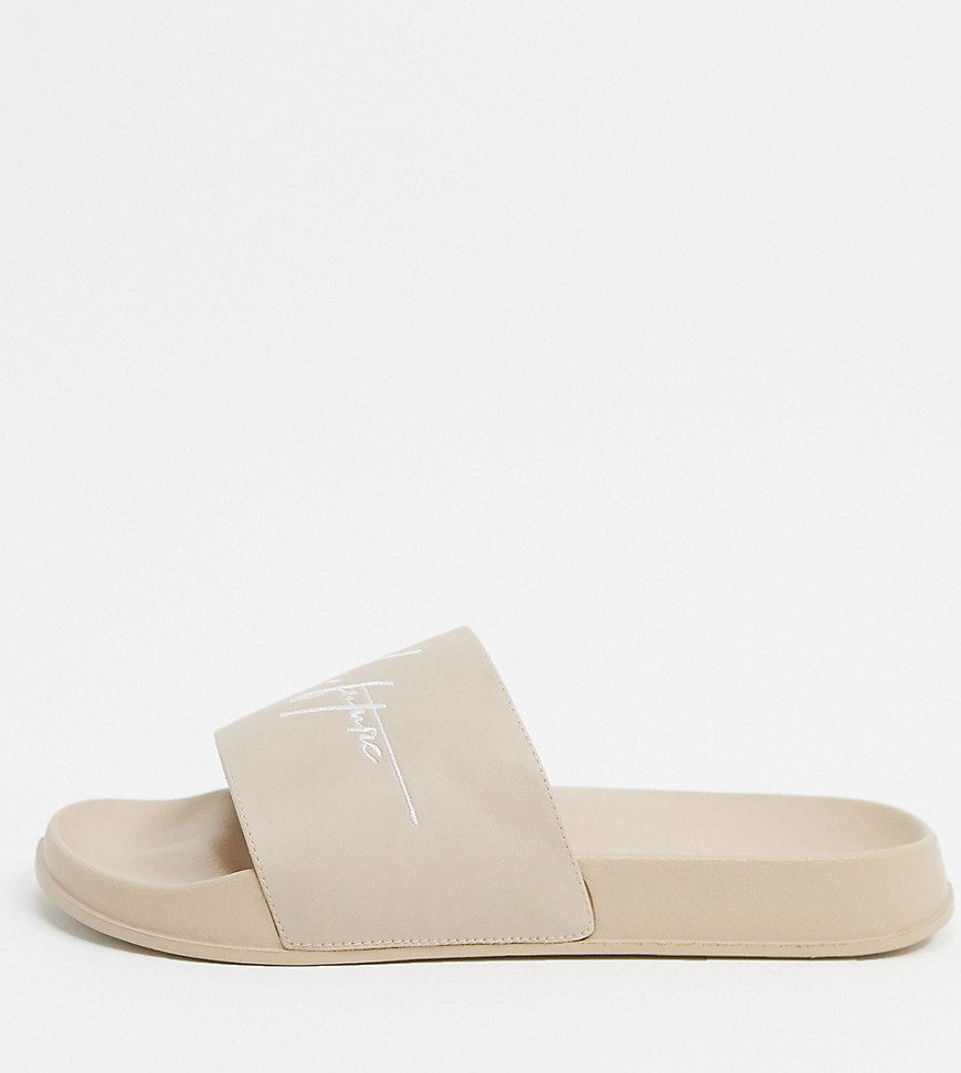 ASOS DESIGN Wide Fit sliders in gray with dark future logo