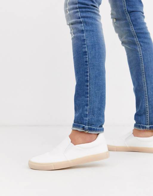 ASOS DESIGN Wide Fit slip on plimsolls in white leather look with gum sole