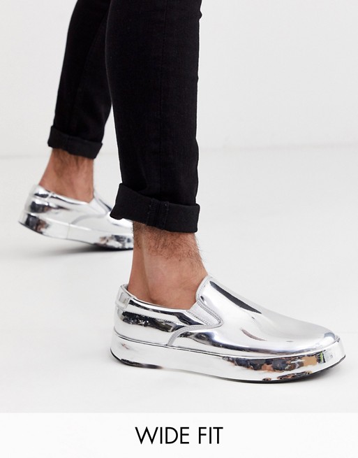 ASOS DESIGN Wide Fit slip on trainers in metallic mirror silver