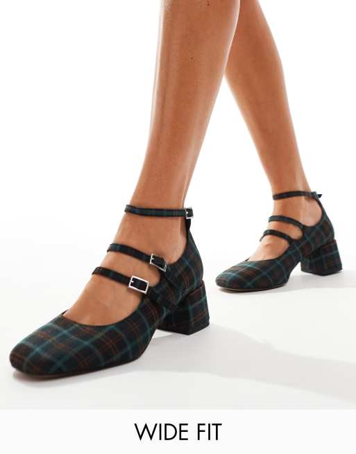 ASOS DESIGN Wide Fit – Socco – Buty Mary Jane na średnim obcasie klockowym w kratkę