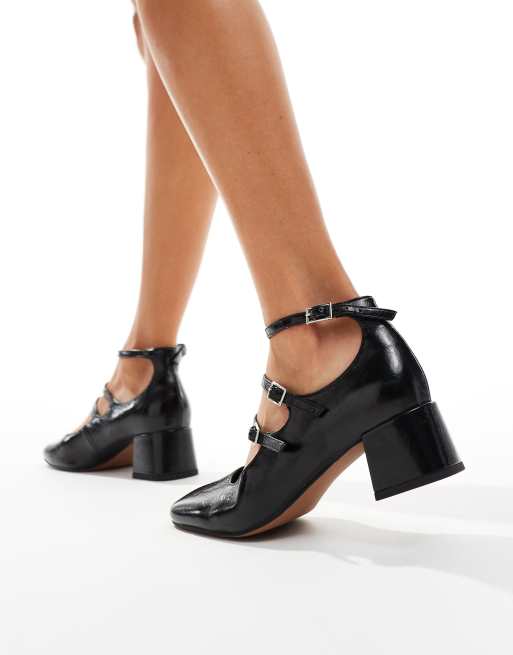 ASOS DESIGN Wide Fit Socco mid block heeled mary jane shoes in black 