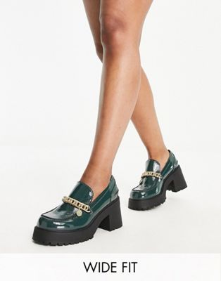 ASOS DESIGN Wide Fit Spicy chunky mid heeled loafers with chain in dark green