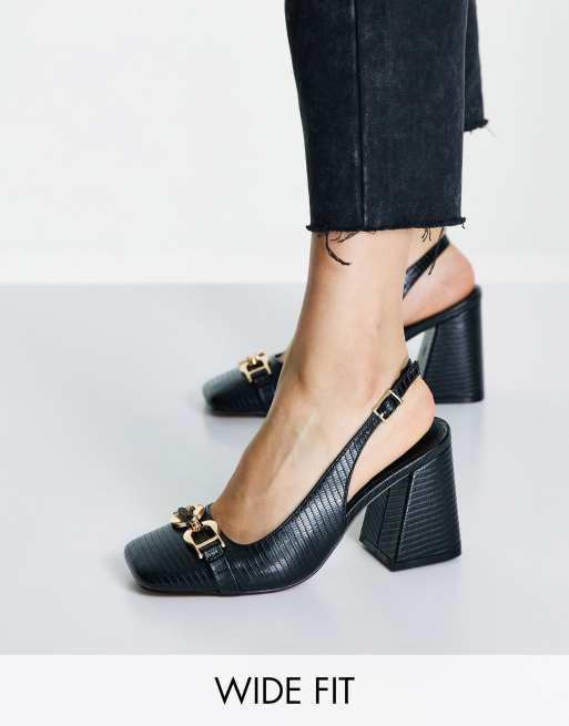 ASOS DESIGN Wide Fit – Stable – Czarne buty na obcasie z paskiem za piętą i ozdobną klamrą